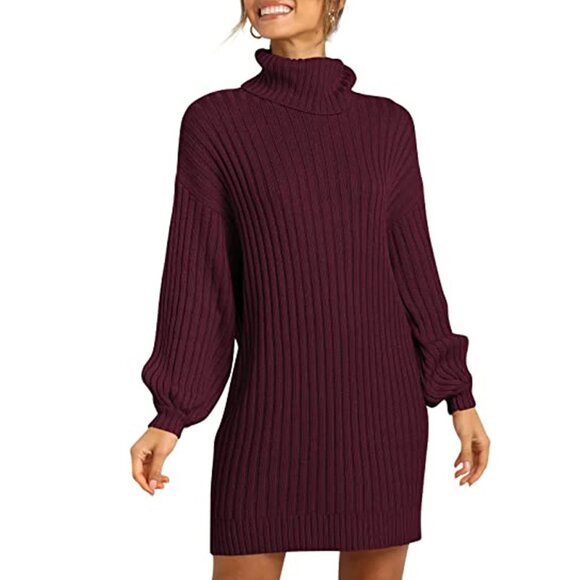 Burgundy Viscose Elastic Ribbed Knit Lantern Sleeves Turtleneck Sweater womn XL - Picture 4 of 17